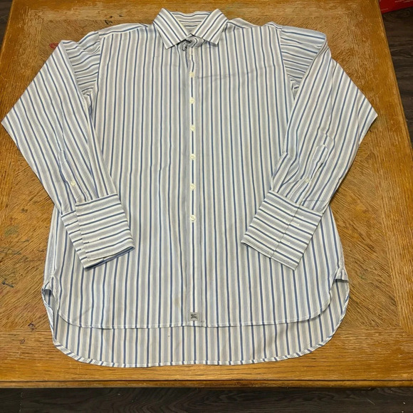 BURBERRY London Men's Button Up Dress Shirt Striped Blue White Size L - Picture 1 of 6
